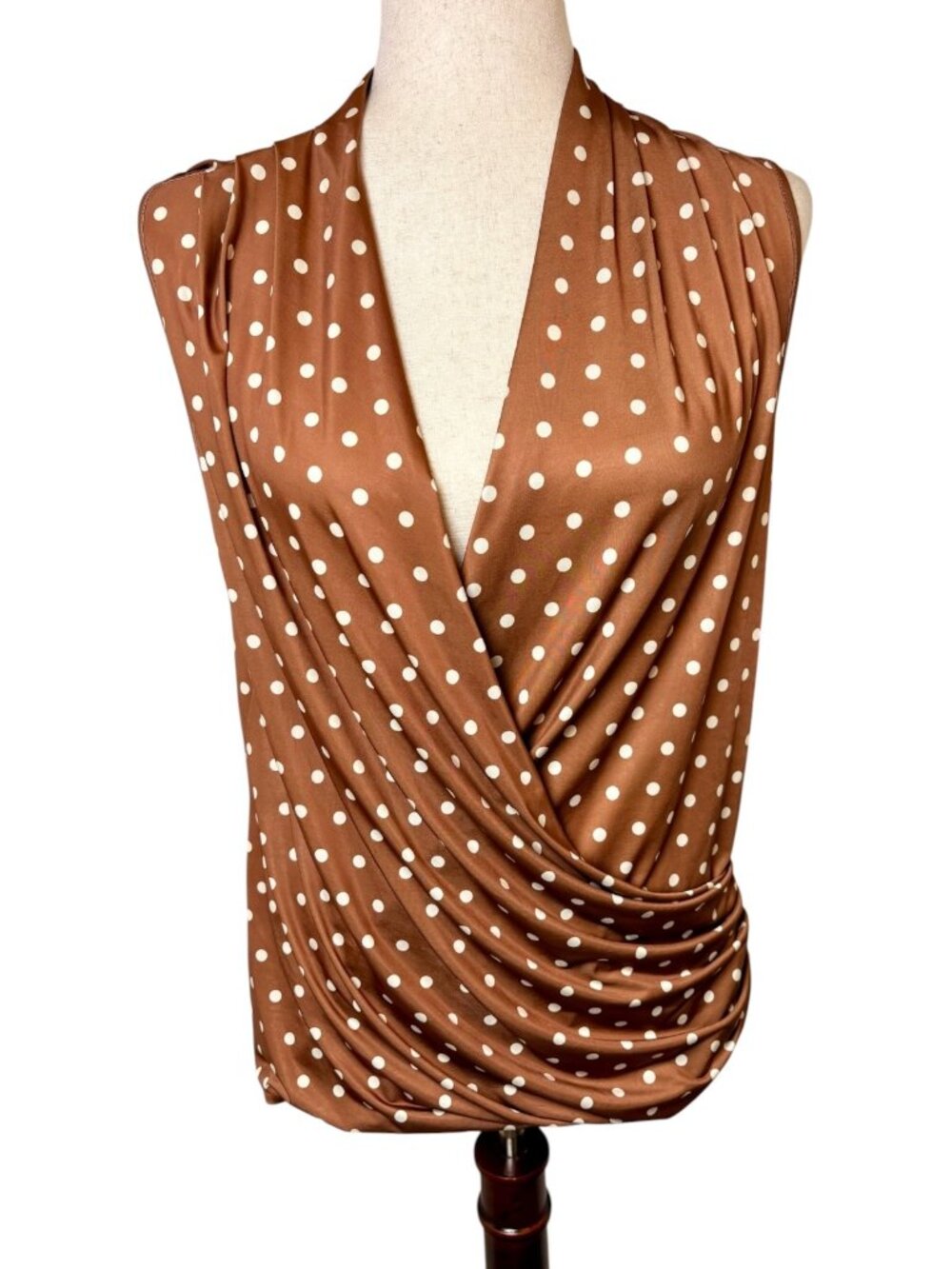 Les Serein Brown Cream Polka Dot Draped Surplice Top Size Medium